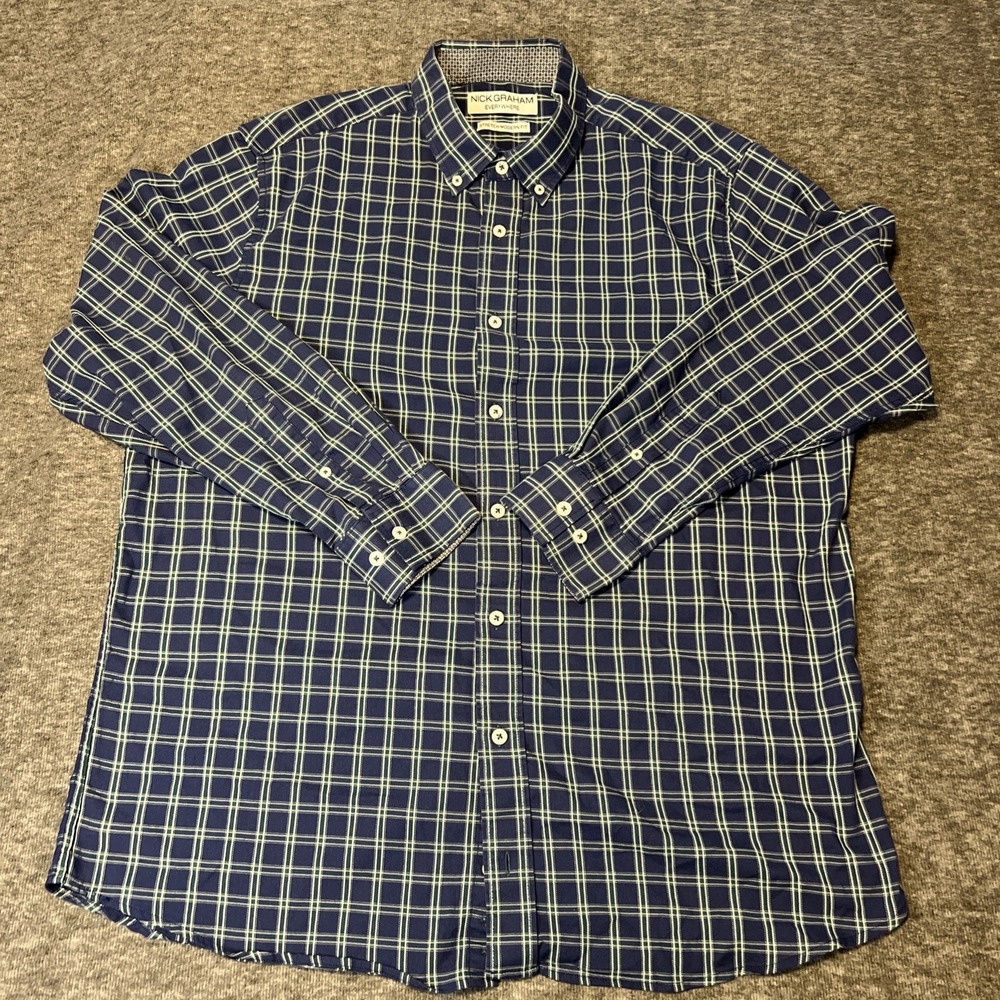 Nick Graham‎ Everywhere Shirt Mens XL 17-17.5 34-35 White Blue Plaid Modern Fit